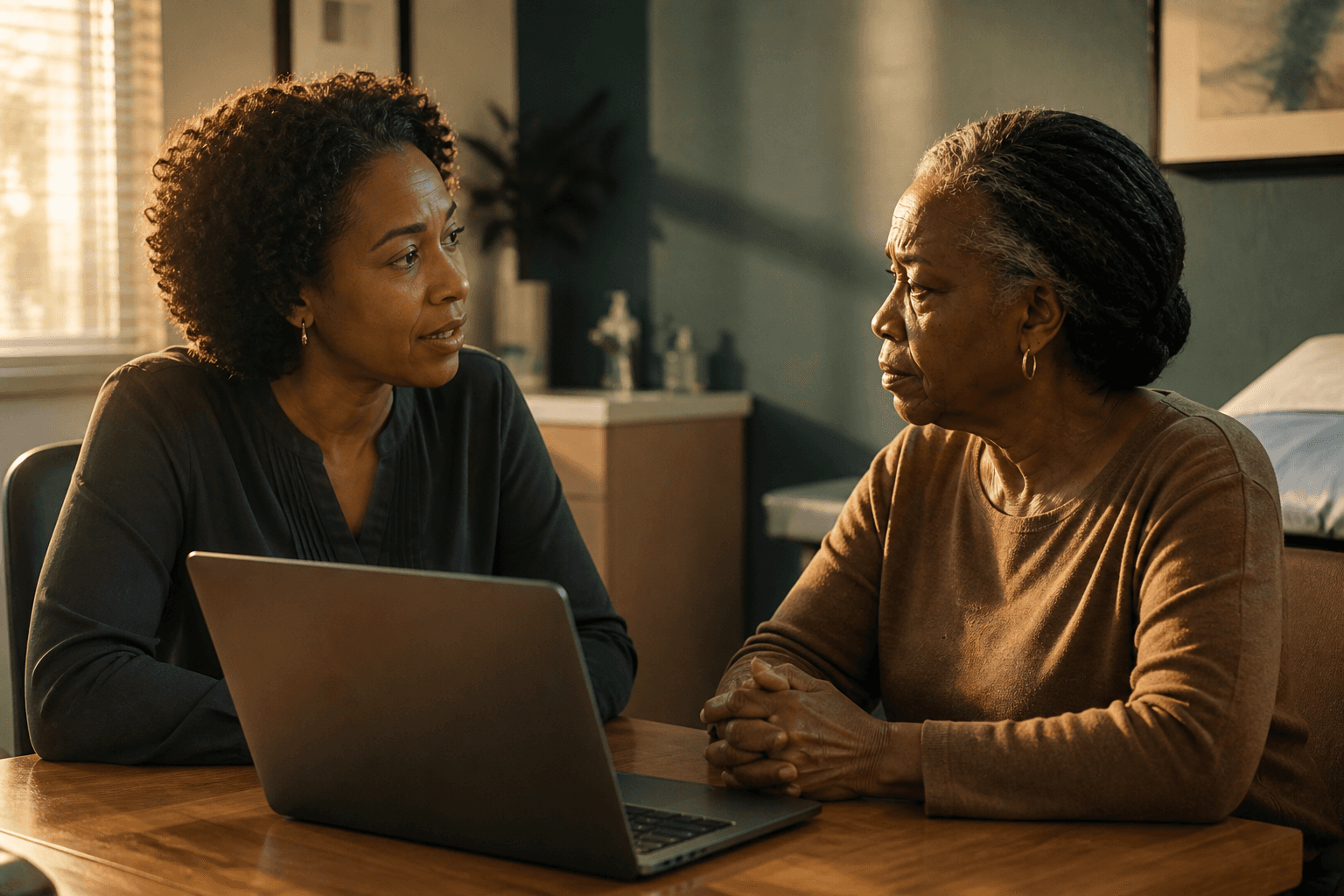 A clinician and a patient face to face at a desk, a staff laptop between them